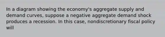 In a diagram showing the economy's aggregate supply and demand curves, suppose a negative aggregate demand shock produces a recession. In this case, nondiscretionary <a href='https://www.questionai.com/knowledge/kPTgdbKdvz-fiscal-policy' class='anchor-knowledge'>fiscal policy</a> will