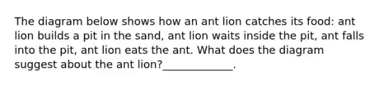 The diagram below shows how an ant lion catches its food: ant lion builds a pit in the sand, ant lion waits inside the pit, ant falls into the pit, ant lion eats the ant. What does the diagram suggest about the ant lion?_____________.