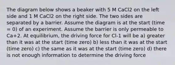 The diagram below shows a beaker with 5 M CaCl2 on the left side and 1 M CaCl2 on the right side. The two sides are separated by a barrier. Assume the diagram is at the start (time = 0) of an experiment. Assume the barrier is only permeable to Ca+2. At equilibrium, the driving force for Cl-1 will be a) greater than it was at the start (time zero) b) less than it was at the start (time zero) c) the same as it was at the start (time zero) d) there is not enough information to determine the driving force