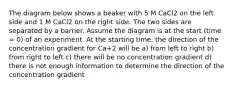 The diagram below shows a beaker with 5 M CaCl2 on the left side and 1 M CaCl2 on the right side. The two sides are separated by a barrier. Assume the diagram is at the start (time = 0) of an experiment. At the starting time, the direction of the concentration gradient for Ca+2 will be a) from left to right b) from right to left c) there will be no concentration gradient d) there is not enough information to determine the direction of the concentration gradient