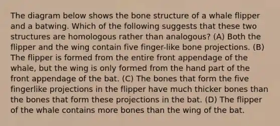 The diagram below shows the bone structure of a whale flipper and a batwing. Which of the following suggests that these two structures are homologous rather than analogous? (A) Both the flipper and the wing contain five finger-like bone projections. (B) The flipper is formed from the entire front appendage of the whale, but the wing is only formed from the hand part of the front appendage of the bat. (C) The bones that form the five fingerlike projections in the flipper have much thicker bones than the bones that form these projections in the bat. (D) The flipper of the whale contains more bones than the wing of the bat.