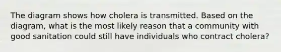 The diagram shows how cholera is transmitted. Based on the diagram, what is the most likely reason that a community with good sanitation could still have individuals who contract cholera?