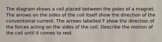 The diagram shows a coil placed between the poles of a magnet. The arrows on the sides of the coil itself show the direction of the conventional current. The arrows labelled F show the direction of the forces acting on the sides of the coil. Describe the motion of the coil until it comes to rest.