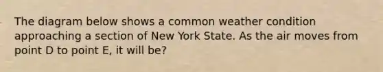 The diagram below shows a common weather condition approaching a section of New York State. As the air moves from point D to point E, it will be?