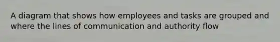 A diagram that shows how employees and tasks are grouped and where the lines of communication and authority flow