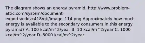 The diagram shows an energy pyramid. http://www.problem-attic.com/system/document-exports/cddzc418/qti/image_114.png Approximately how much energy is available to the secondary consumers in this energy pyramid? A. 100 kcal/m^2/year B. 10 kcal/m^2/year C. 1000 kcal/m^2/year D. 5000 kcal/m^2/year