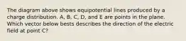 The diagram above shows equipotential lines produced by a charge distribution. A, B, C, D, and E are points in the plane. Which vector below bests describes the direction of the electric field at point C?