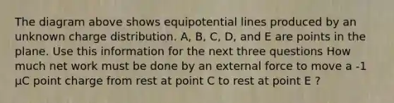 The diagram above shows equipotential lines produced by an unknown charge distribution. A, B, C, D, and E are points in the plane. Use this information for the next three questions How much net work must be done by an external force to move a -1 μC point charge from rest at point C to rest at point E ?