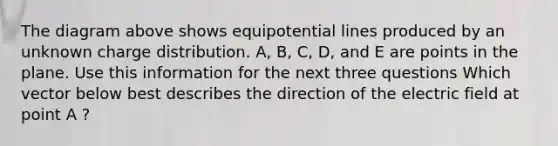 The diagram above shows equipotential lines produced by an unknown charge distribution. A, B, C, D, and E are points in the plane. Use this information for the next three questions Which vector below best describes the direction of the electric field at point A ?