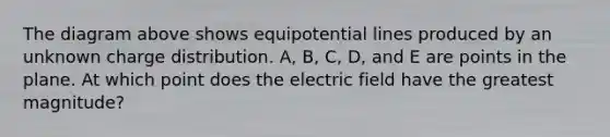 The diagram above shows equipotential lines produced by an unknown charge distribution. A, B, C, D, and E are points in the plane. At which point does the electric field have the greatest magnitude?