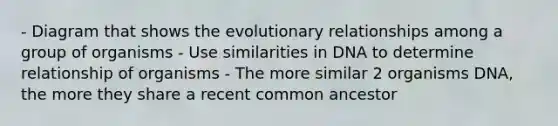 - Diagram that shows the evolutionary relationships among a group of organisms - Use similarities in DNA to determine relationship of organisms - The more similar 2 organisms DNA, the more they share a recent common ancestor