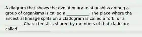 A diagram that shows the evolutionary relationships among a group of organisms is called a ___________. The place where the ancestral lineage splits on a cladogram is called a fork, or a ________. Characteristics shared by members of that clade are called ________________