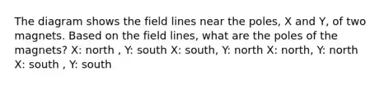 The diagram shows the field lines near the poles, X and Y, of two magnets. Based on the field lines, what are the poles of the magnets? X: north , Y: south X: south, Y: north X: north, Y: north X: south , Y: south