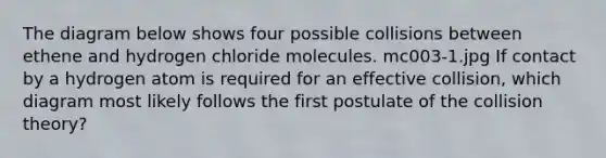 The diagram below shows four possible collisions between ethene and hydrogen chloride molecules. mc003-1.jpg If contact by a hydrogen atom is required for an effective collision, which diagram most likely follows the first postulate of the collision theory?