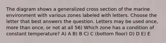 The diagram shows a generalized cross section of the marine environment with various zones labeled with letters. Choose the letter that best answers the question. Letters may be used once, more than once, or not at all 56) Which zone has a condition of constant temperature? A) A B) B C) C (bottom floor) D) D E) E