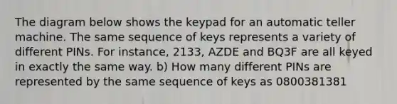 The diagram below shows the keypad for an automatic teller machine. The same sequence of keys represents a variety of different PINs. For instance, 2133, AZDE and BQ3F are all keyed in exactly the same way. b) How many different PINs are represented by the same sequence of keys as 0800381381