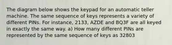 The diagram below shows the keypad for an automatic teller machine. The same sequence of keys represents a variety of different PINs. For instance, 2133, AZDE and BQ3F are all keyed in exactly the same way. a) How many different PINs are represented by the same sequence of keys as 32803