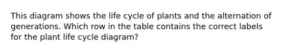 This diagram shows the life cycle of plants and the alternation of generations. Which row in the table contains the correct labels for the plant life cycle diagram?