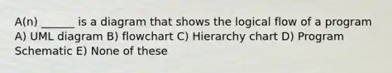 A(n) ______ is a diagram that shows the logical flow of a program A) UML diagram B) flowchart C) Hierarchy chart D) Program Schematic E) None of these