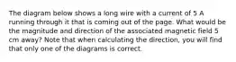 The diagram below shows a long wire with a current of 5 A running through it that is coming out of the page. What would be the magnitude and direction of the associated magnetic field 5 cm away? Note that when calculating the direction, you will find that only one of the diagrams is correct.