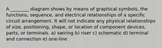 A ________ diagram shows by means of graphical symbols, the functions, sequence, and electrical relationships of a specific circuit arrangement. It will not indicate any physical relationships of size, positioning, shape, or location of component devices, parts, or terminals. a) swiring b) riser c) schematic d) terminal and connection e) one-line