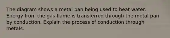 The diagram shows a metal pan being used to heat water. Energy from the gas flame is transferred through the metal pan by conduction. Explain the process of conduction through metals.