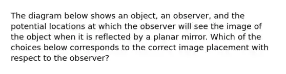 The diagram below shows an object, an observer, and the potential locations at which the observer will see the image of the object when it is reflected by a planar mirror. Which of the choices below corresponds to the correct image placement with respect to the observer?