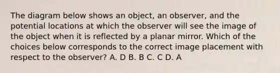 The diagram below shows an object, an observer, and the potential locations at which the observer will see the image of the object when it is reflected by a planar mirror. Which of the choices below corresponds to the correct image placement with respect to the observer? A. D B. B C. C D. A