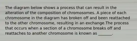 The diagram below shows a process that can result in the alteration of the composition of chromosomes. A piece of each chromosome in the diagram has broken off and been reattached to the other chromosome, resulting in an exchange.The process that occurs when a section of a chromosome breaks off and reattaches to another chromosome is known as _______.