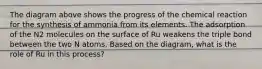 The diagram above shows the progress of the chemical reaction for the synthesis of ammonia from its elements. The adsorption of the N2 molecules on the surface of Ru weakens the triple bond between the two N atoms. Based on the diagram, what is the role of Ru in this process?