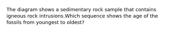 The diagram shows a sedimentary rock sample that contains igneous rock intrusions.Which sequence shows the age of the fossils from youngest to oldest?