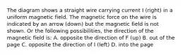 The diagram shows a straight wire carrying current I (right) in a uniform magnetic field. The magnetic force on the wire is indicated by an arrow (down) but the magnetic field is not shown. Or the following possibilities, the direction of the magnetic field is: A. opposite the direction of F (up) B. out of the page C. opposite the direction of I (left) D. into the page