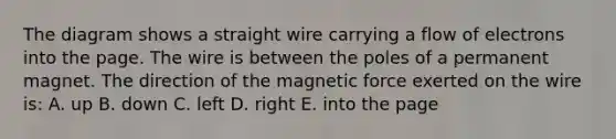 The diagram shows a straight wire carrying a flow of electrons into the page. The wire is between the poles of a permanent magnet. The direction of the magnetic force exerted on the wire is: A. up B. down C. left D. right E. into the page