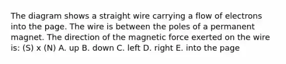 The diagram shows a straight wire carrying a flow of electrons into the page. The wire is between the poles of a permanent magnet. The direction of the magnetic force exerted on the wire is: (S) x (N) A. up B. down C. left D. right E. into the page