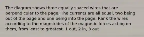 The diagram shows three equally spaced wires that are perpendicular to the page. The currents are all equal, two being out of the page and one being into the page. Rank the wires according to the magnitudes of the magnetic forces acting on them, from least to greatest. 1 out, 2 in, 3 out