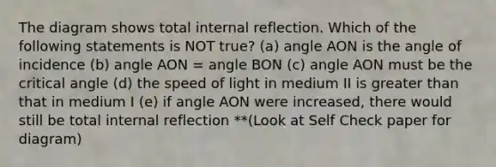 The diagram shows total internal reflection. Which of the following statements is NOT true? (a) angle AON is the angle of incidence (b) angle AON = angle BON (c) angle AON must be the critical angle (d) the speed of light in medium II is greater than that in medium I (e) if angle AON were increased, there would still be total internal reflection **(Look at Self Check paper for diagram)