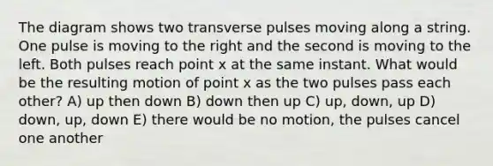 The diagram shows two transverse pulses moving along a string. One pulse is moving to the right and the second is moving to the left. Both pulses reach point x at the same instant. What would be the resulting motion of point x as the two pulses pass each other? A) up then down B) down then up C) up, down, up D) down, up, down E) there would be no motion, the pulses cancel one another