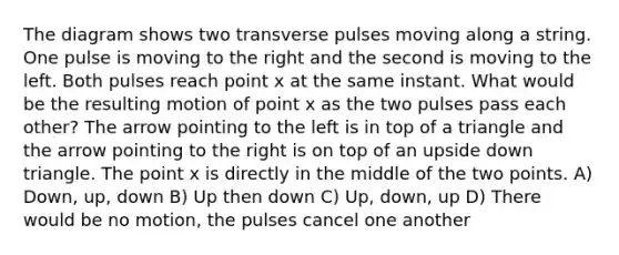 The diagram shows two transverse pulses moving along a string. One pulse is moving to the right and the second is moving to the left. Both pulses reach point x at the same instant. What would be the resulting motion of point x as the two pulses pass each other? The arrow pointing to the left is in top of a triangle and the arrow pointing to the right is on top of an upside down triangle. The point x is directly in the middle of the two points. A) Down, up, down B) Up then down C) Up, down, up D) There would be no motion, the pulses cancel one another