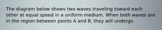 The diagram below shows two waves traveling toward each other at equal speed in a uniform medium. When both waves are in the region between points A and B, they will undergo