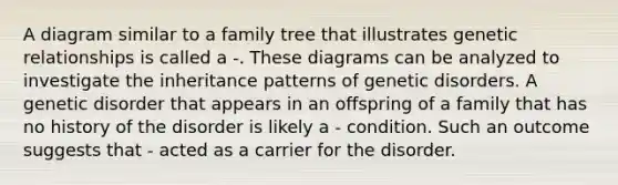 A diagram similar to a family tree that illustrates genetic relationships is called a -. These diagrams can be analyzed to investigate the inheritance patterns of genetic disorders. A genetic disorder that appears in an offspring of a family that has no history of the disorder is likely a - condition. Such an outcome suggests that - acted as a carrier for the disorder.