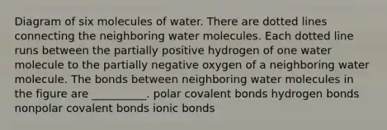 Diagram of six molecules of water. There are dotted lines connecting the neighboring water molecules. Each dotted line runs between the partially positive hydrogen of one water molecule to the partially negative oxygen of a neighboring water molecule. The bonds between neighboring water molecules in the figure are __________. polar <a href='https://www.questionai.com/knowledge/kWply8IKUM-covalent-bonds' class='anchor-knowledge'>covalent bonds</a> hydrogen bonds nonpolar covalent bonds <a href='https://www.questionai.com/knowledge/kvOuFG6fy1-ionic-bonds' class='anchor-knowledge'>ionic bonds</a>