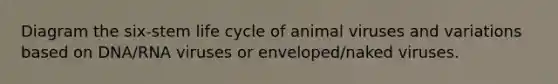 Diagram the six-stem life cycle of animal viruses and variations based on DNA/RNA viruses or enveloped/naked viruses.