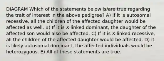 DIAGRAM Which of the statements below is/are true regarding the trait of interest in the above pedigree? A) If it is autosomal recessive, all the children of the affected daughter would be affected as well. B) If it is X-linked dominant, the daughter of the affected son would also be affected. C) If it is X-linked recessive, all the children of the affected daughter would be affected. D) It is likely autosomal dominant, the affected individuals would be heterozygous. E) All of these statements are true.