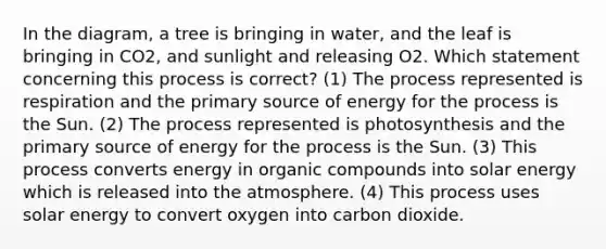 In the diagram, a tree is bringing in water, and the leaf is bringing in CO2, and sunlight and releasing O2. Which statement concerning this process is correct? (1) The process represented is respiration and the primary source of energy for the process is the Sun. (2) The process represented is photosynthesis and the primary source of energy for the process is the Sun. (3) This process converts energy in organic compounds into solar energy which is released into the atmosphere. (4) This process uses solar energy to convert oxygen into carbon dioxide.