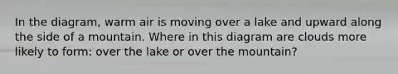 In the diagram, warm air is moving over a lake and upward along the side of a mountain. Where in this diagram are clouds more likely to form: over the lake or over the mountain?