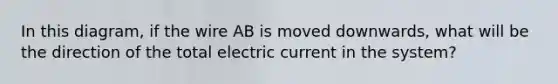 In this diagram, if the wire AB is moved downwards, what will be the direction of the total electric current in the system?