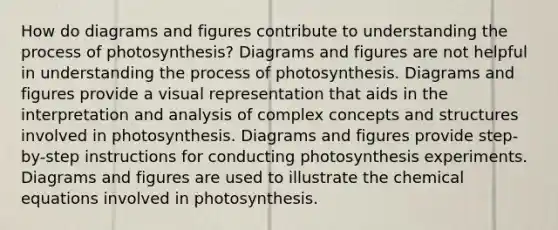 How do diagrams and figures contribute to understanding the <a href='https://www.questionai.com/knowledge/kZdL6DGYI4-process-of-photosynthesis' class='anchor-knowledge'>process of photosynthesis</a>? Diagrams and figures are not helpful in understanding the process of photosynthesis. Diagrams and figures provide a visual representation that aids in the interpretation and analysis of complex concepts and structures involved in photosynthesis. Diagrams and figures provide step-by-step instructions for conducting photosynthesis experiments. Diagrams and figures are used to illustrate the chemical equations involved in photosynthesis.