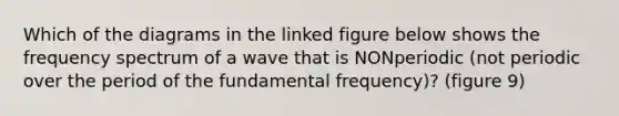 Which of the diagrams in the linked figure below shows the frequency spectrum of a wave that is NONperiodic (not periodic over the period of the fundamental frequency)? (figure 9)