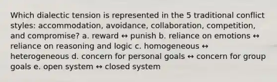 Which dialectic tension is represented in the 5 traditional conflict styles: accommodation, avoidance, collaboration, competition, and compromise? a. reward ↔ punish b. reliance on emotions ↔ reliance on reasoning and logic c. homogeneous ↔ heterogeneous d. concern for personal goals ↔ concern for group goals e. open system ↔ closed system