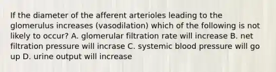 If the diameter of the afferent arterioles leading to the glomerulus increases (vasodilation) which of the following is not likely to occur? A. glomerular filtration rate will increase B. net filtration pressure will incrase C. systemic <a href='https://www.questionai.com/knowledge/kD0HacyPBr-blood-pressure' class='anchor-knowledge'>blood pressure</a> will go up D. urine output will increase